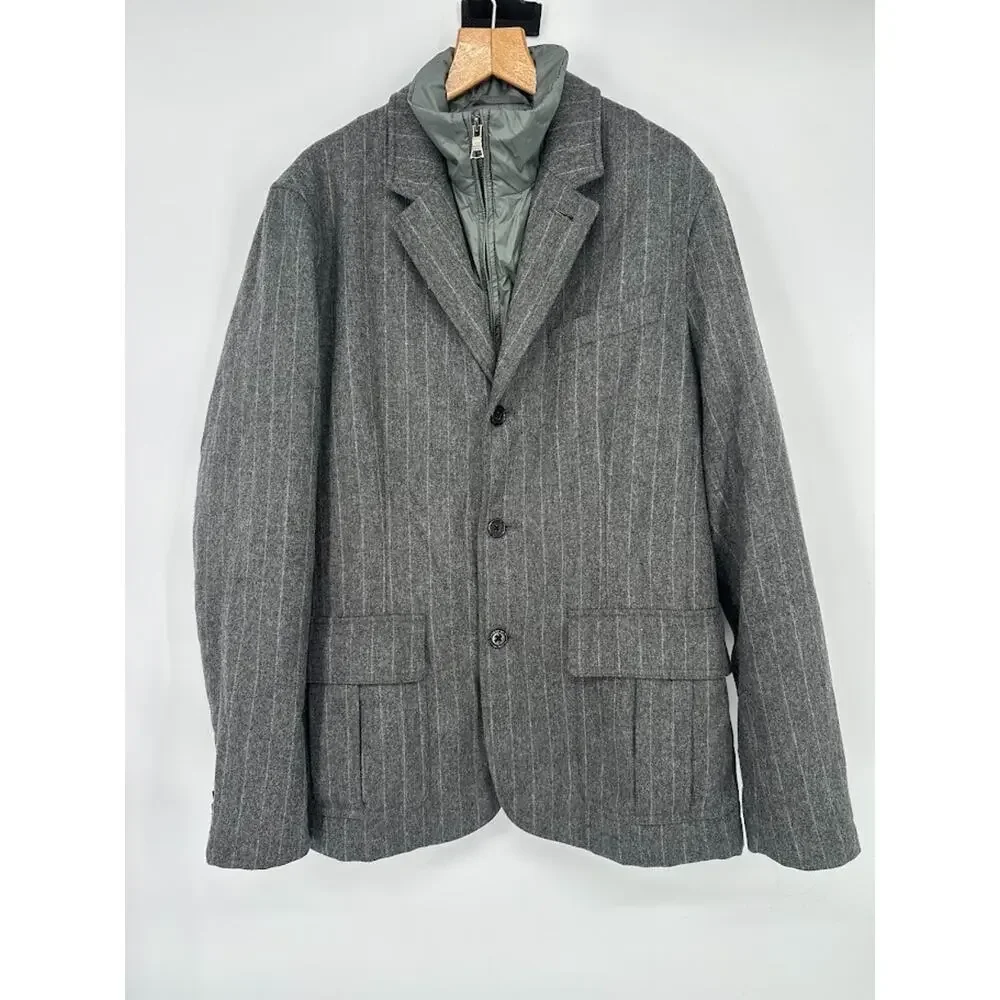 Banana Republic‎ Mens S Wool Topcoat Grey Stripe Jacket Pea Coat Removable Liner
